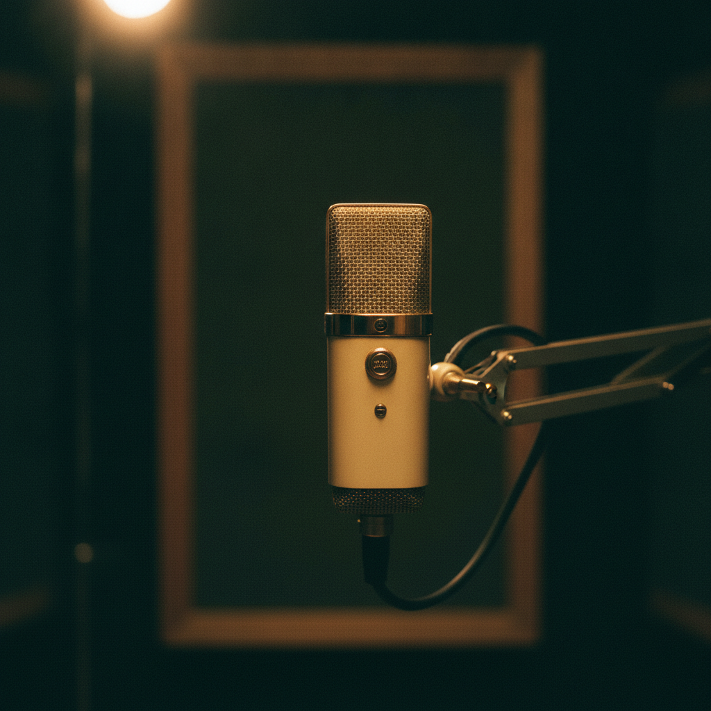 A studio condenser microphone lit warm against deep green shadow